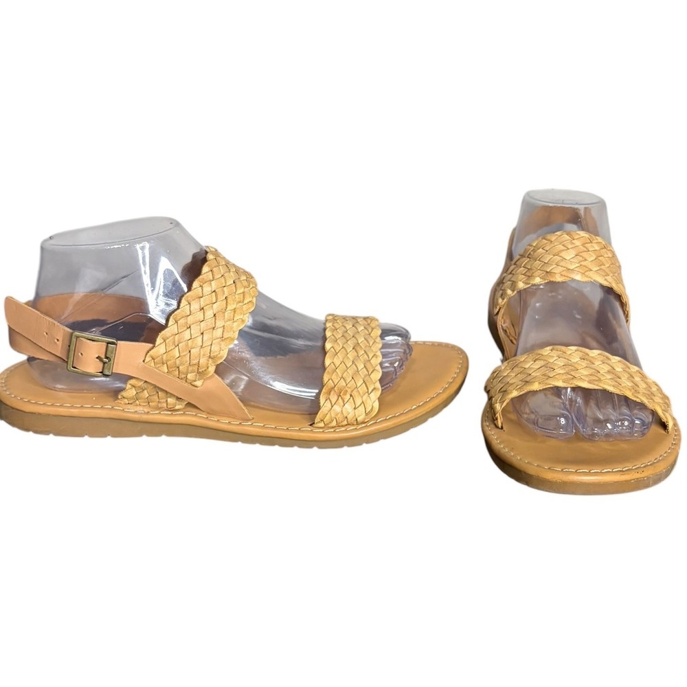 Korks Tan Flat Sandals Woven Straps Buckle Ankle Women's Size 10